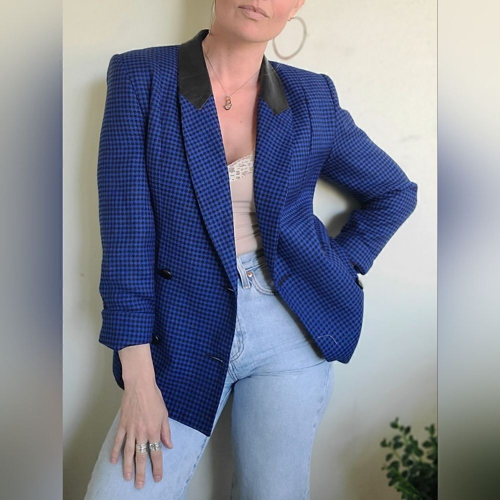 Sebastian Wool + Leather Vintage Houndstooth Blazer S-M - Picture 10 of 15